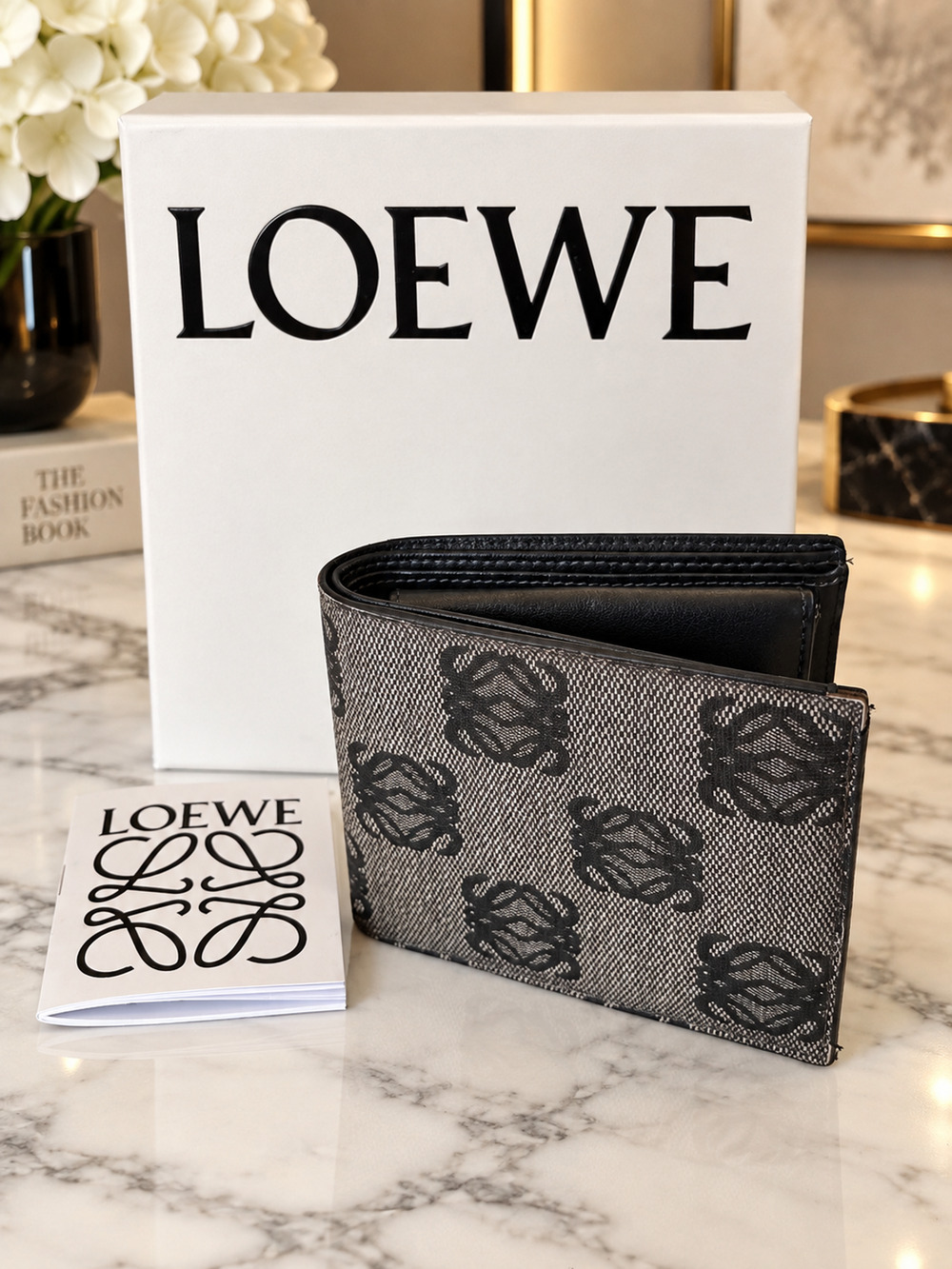 LOEWE Anagram Jacquard Bifold Coin Wallet Black Leather Canvas - Authentic